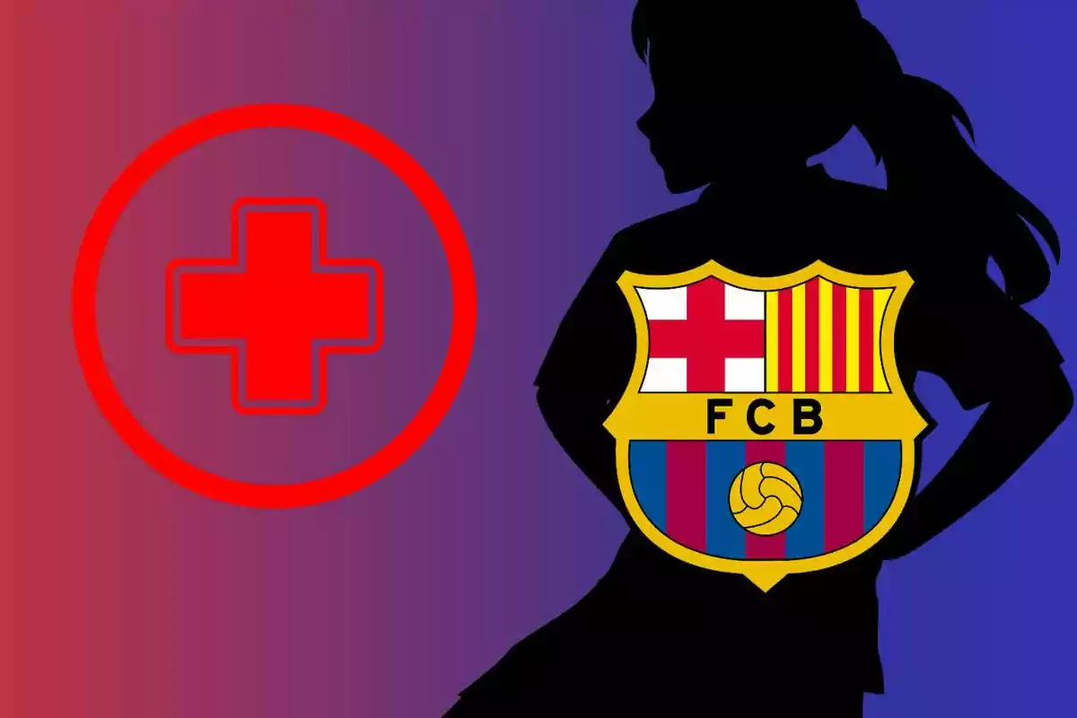 Silueta d’una jugadora amb l’escut del FC Barcelona i un símbol de creu vermella sobre un fons degradat vermell i blau Silueta d’una jugadora amb l’escut del FC Barcelona i un símbol de creu vermella sobre un fons degradat vermell i blau