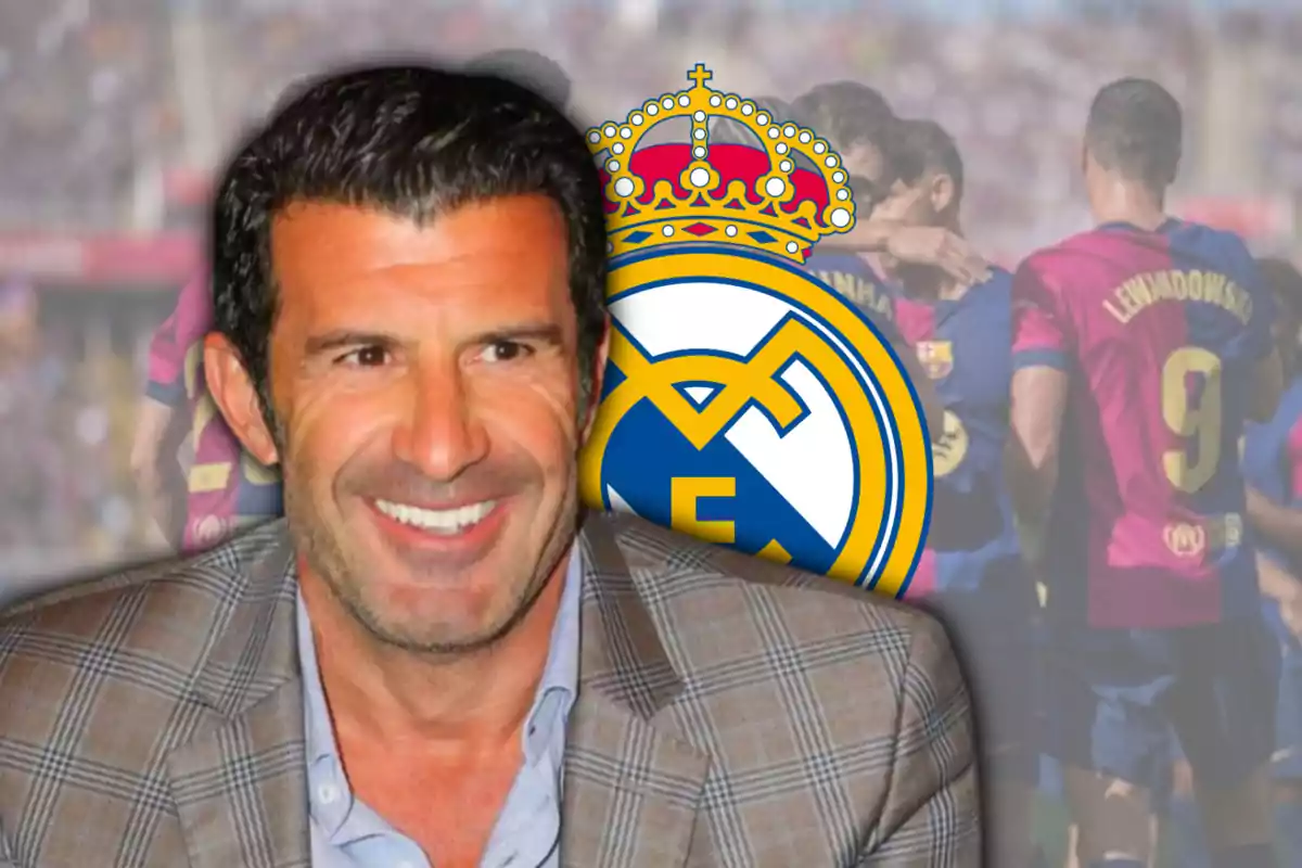 Luis Figo, the Real Madrid crest, and Barça players