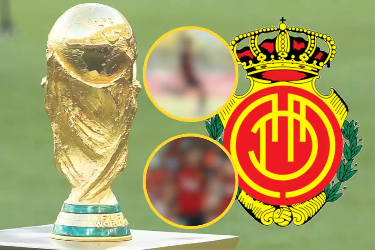 Trofeo de la Copa del Mundo junto al escudo del Mallorca