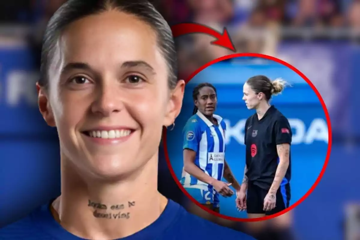 Una futbolista sonriente en primer plano con un tatuaje visible en el cuello y al fondo una imagen circular muestra a la misma jugadora en la cancha conversando con una rival durante un partido