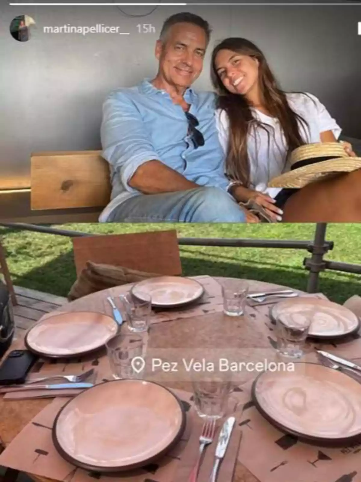 Un home i una dona somriuen asseguts junts en un banc de fusta, mentre que a la part inferior de la imatge es mostra una taula rodona parada per a quatre persones en un restaurant anomenat Pez Vela Barcelona. Un home i una dona somriuen asseguts junts en un banc de fusta, mentre que a la part inferior de la imatge es mostra una taula rodona parada per a quatre persones en un restaurant anomenat Pez Vela Barcelona.