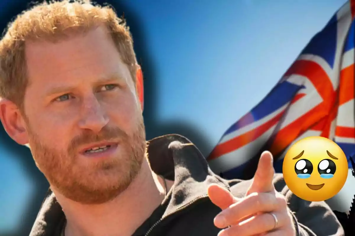 Prince Harry pointing forward, UK flag in the background, and a crying face emoji