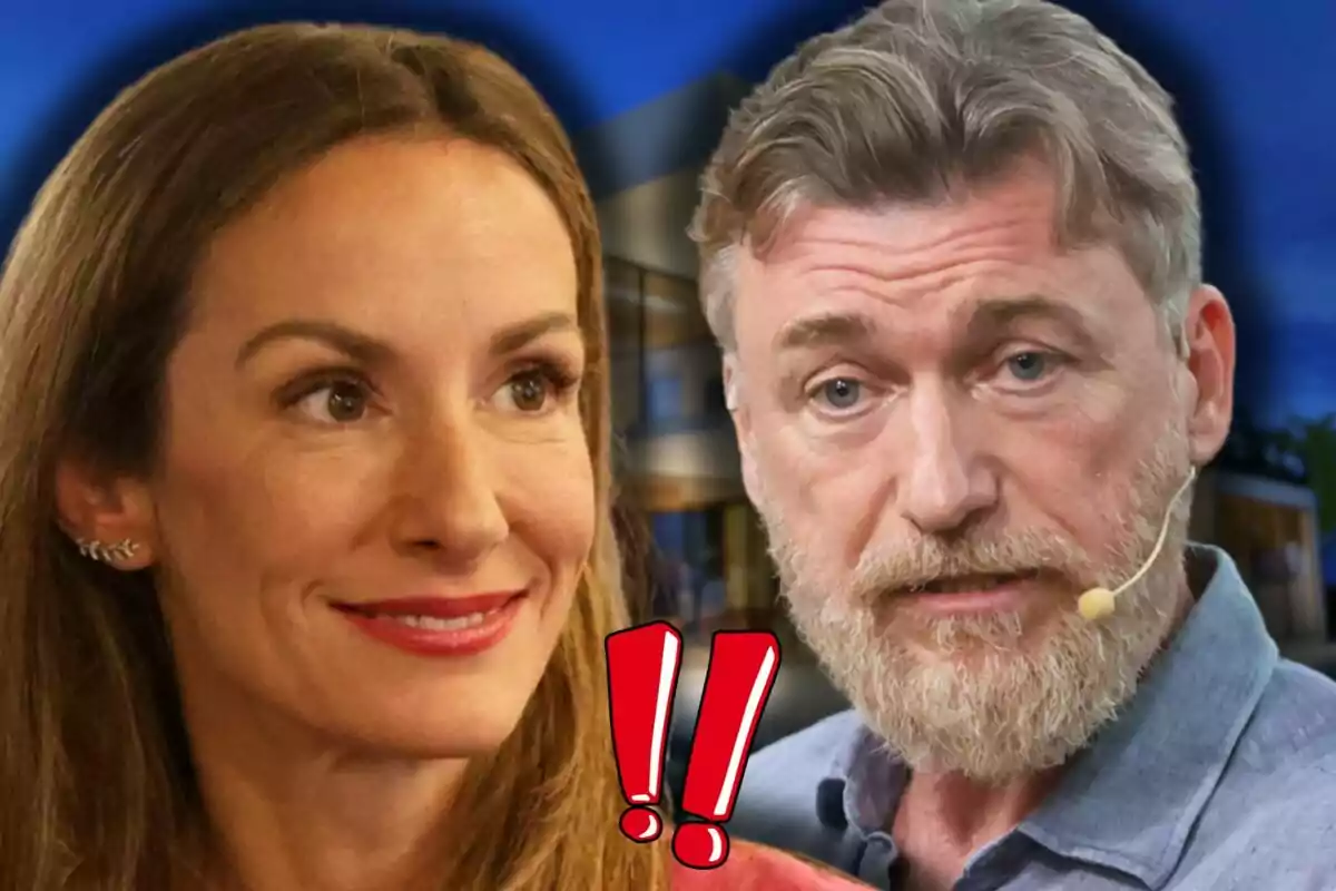 Telma Ortiz i Robert Gavin, amb expressions serioses i sorpreses, apareixen en primer pla amb dos signes d’exclamació vermells entre ells i un fons desenfocat d’una casa moderna.