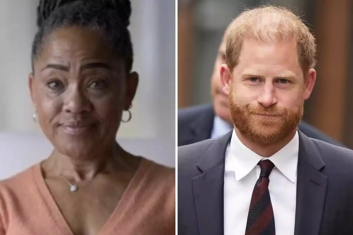 Doria Ragland, with her hair up and wearing a peach-colored sweater, appears next to Prince Harry in formal attire. Doria Ragland, with her hair up and wearing a peach-colored sweater, appears next to Prince Harry in formal attire.