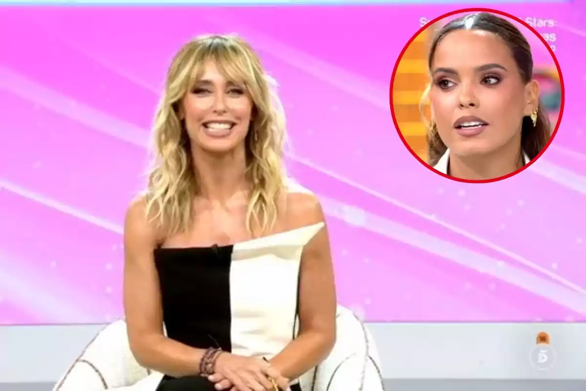 Muntatge amb Emma García, somrient i asseguda en un plató de televisió amb fons rosa, i Gloria Camila, dins d’un cercle vermell a la part superior dreta