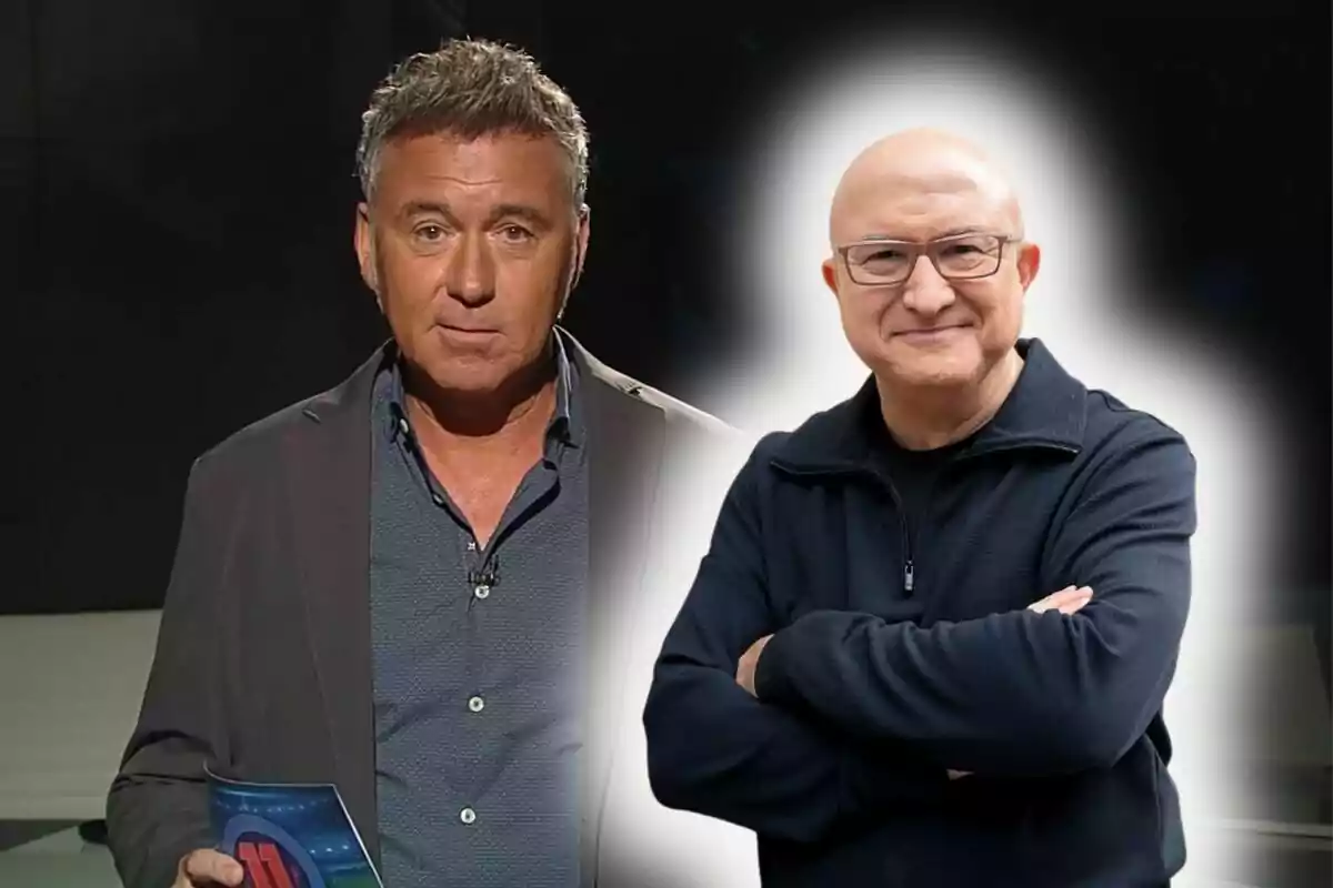 Dos hombres posan frente a un fondo oscuro, uno de ellos sostiene una carpeta y el otro aparece con los brazos cruzados y un resplandor blanco detrás.