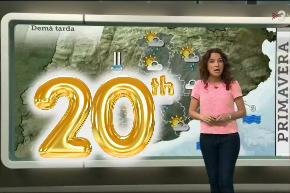Presentadora del clima de pie frente a un mapa meteorológico con un gran número dorado 20th en el centro de la imagen