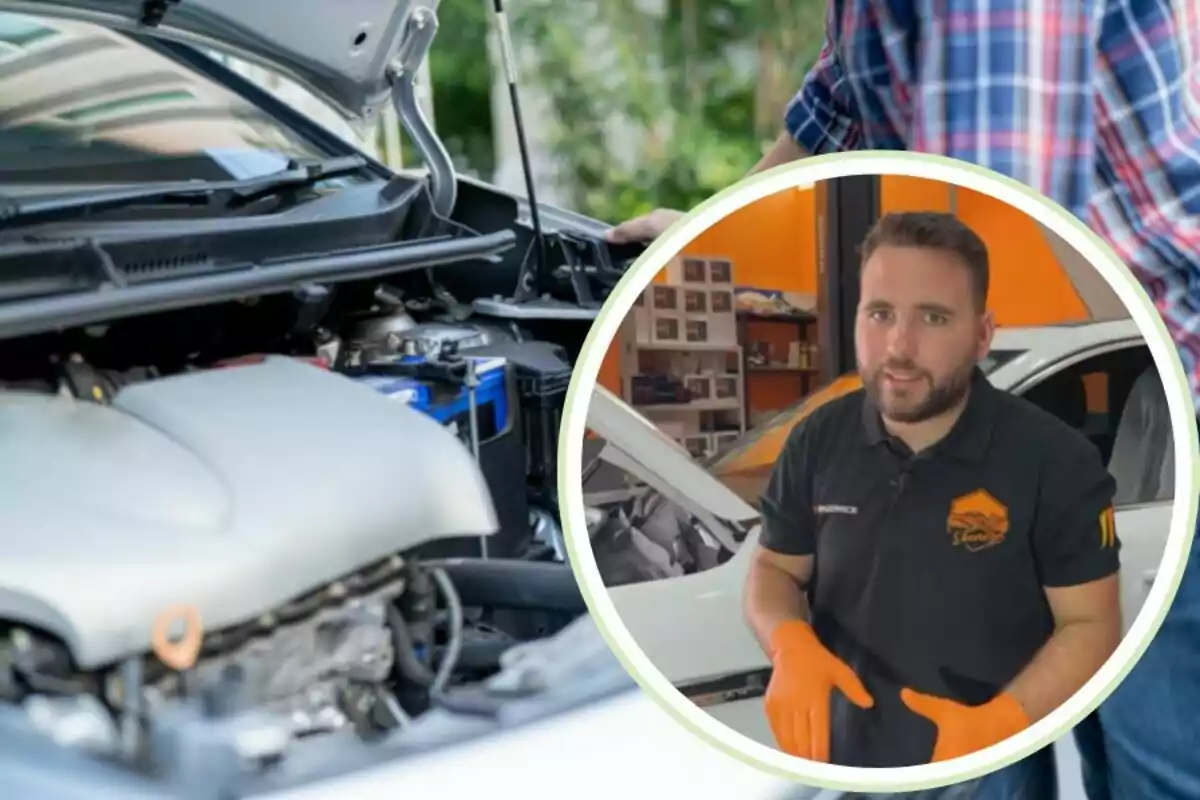 Persona revisando el motor de un auto con un recuadro que muestra a un mecánico usando guantes naranjas explicando algo en un taller.