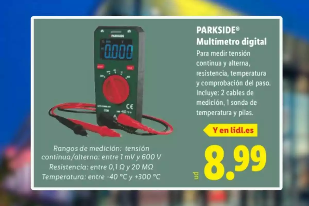 Multímetre digital Parkside amb pantalla blava, cables de mesura i selector vermell, juntament amb informació de funcions i preu de 8,99 euros a Lidl Multímetre digital Parkside amb pantalla blava, cables de mesura i selector vermell, juntament amb informació de funcions i preu de 8,99 euros a Lidl