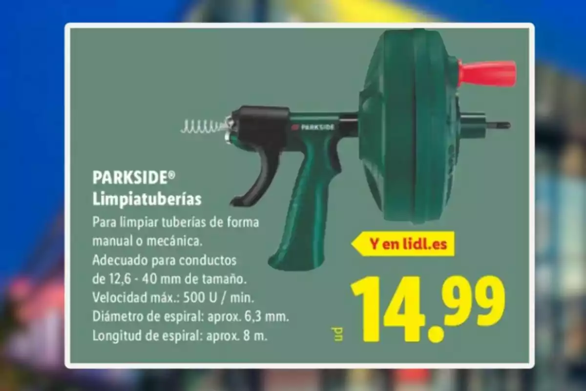 Limpiatuberías Parkside de color verde con detalles en negro y rojo, acompañado de información sobre sus características y precio de 14,99 euros en Lidl Limpiatuberías Parkside de color verde con detalles en negro y rojo, acompañado de información sobre sus características y precio de 14,99 euros en Lidl