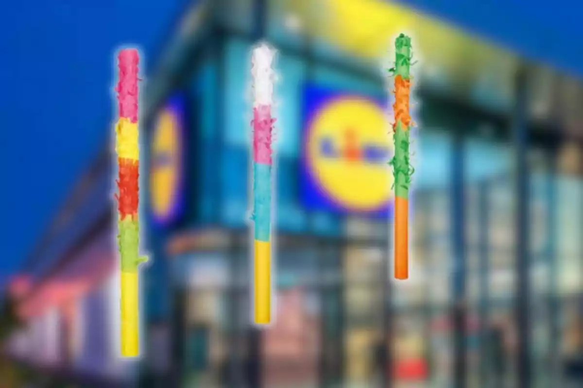 Three colorful toothbrushes with worn bristles in front of a store with a blurred Lidl logo. Three colorful toothbrushes with worn bristles in front of a store with a blurred Lidl logo.