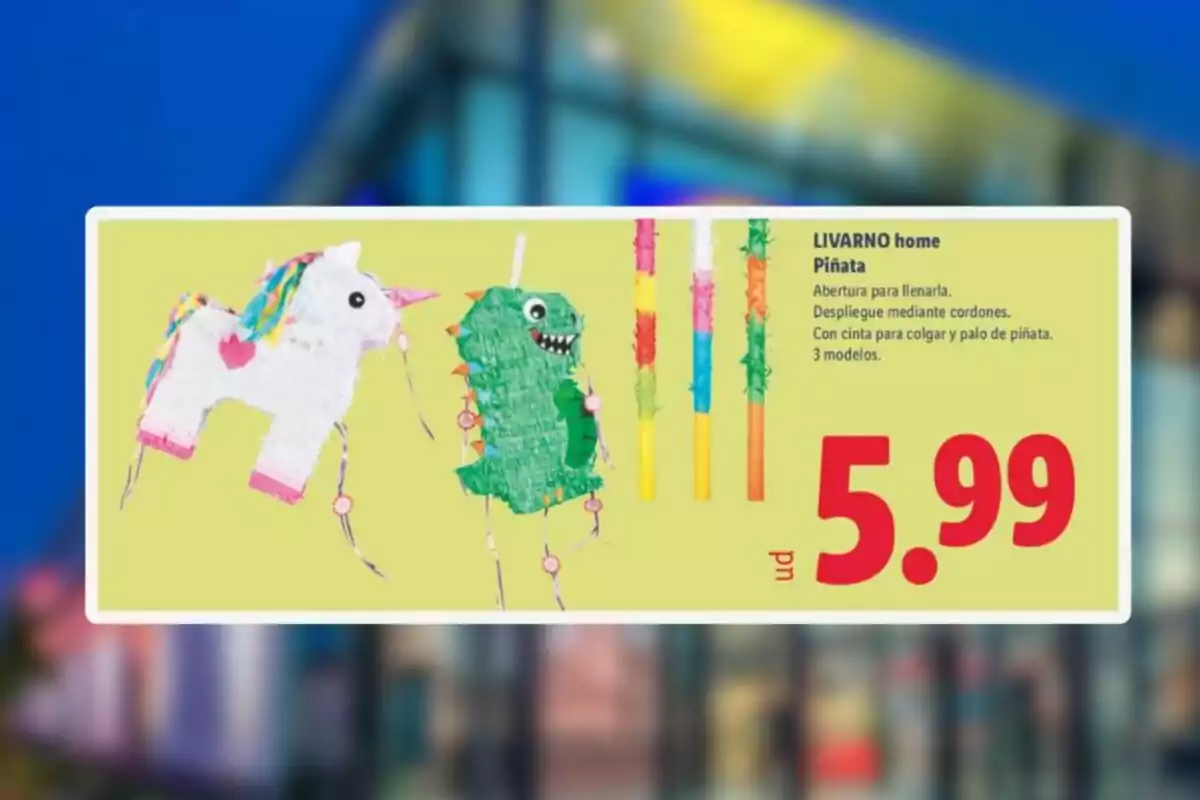 Unicorn and dinosaur piñata ads alongside colorful sticks priced at 5.99 euros Unicorn and dinosaur piñata ads alongside colorful sticks priced at 5.99 euros