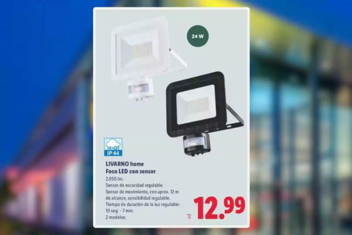 Dos focos LED con sensor de movimiento y luz, uno blanco y uno negro, de la marca LIVARNO home, con potencia de 24W y precio de 12.99 euros Dos focos LED con sensor de movimiento y luz, uno blanco y uno negro, de la marca LIVARNO home, con potencia de 24W y precio de 12.99 euros