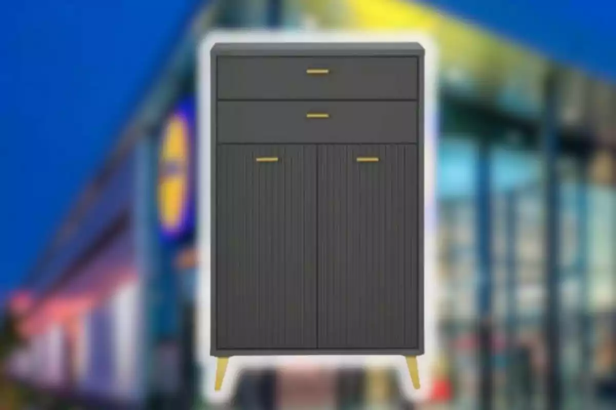 Mueble negro con patas y tiradores dorados frente a un fondo desenfocado de una tienda Mueble negro con patas y tiradores dorados frente a un fondo desenfocado de una tienda