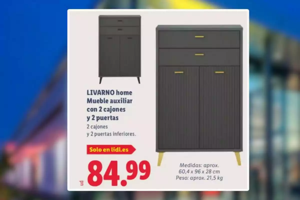 Mueble auxiliar LIVARNO home de color oscuro con dos cajones y dos puertas, patas cortas y detalles en dorado, precio 84.99 euros, disponible solo en lidl.es Mueble auxiliar LIVARNO home de color oscuro con dos cajones y dos puertas, patas cortas y detalles en dorado, precio 84.99 euros, disponible solo en lidl.es