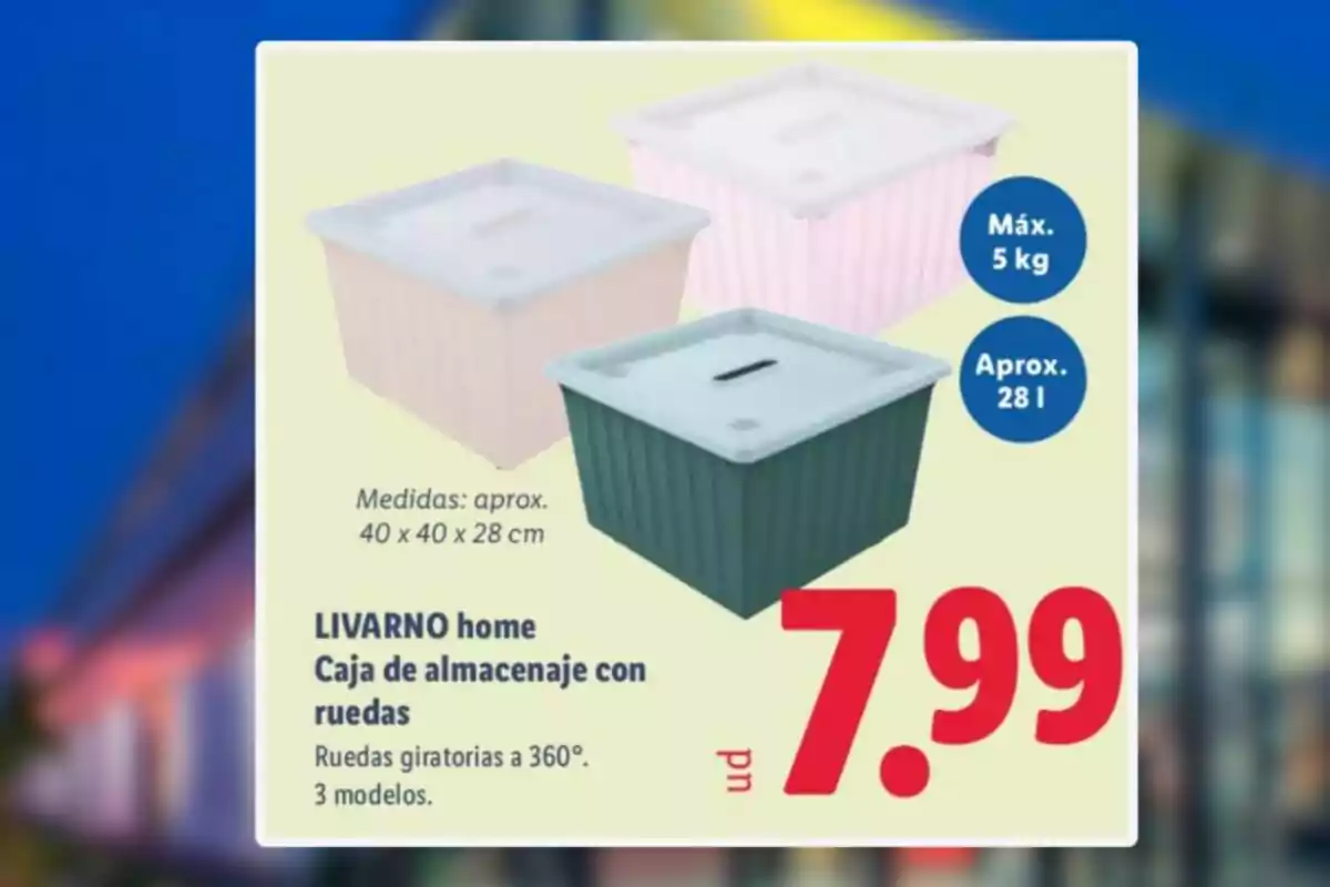 Tres cajas de almacenamiento con tapa y ruedas en diferentes colores con capacidad de 28 litros y precio de 7.99 euros Tres cajas de almacenamiento con tapa y ruedas en diferentes colores con capacidad de 28 litros y precio de 7.99 euros