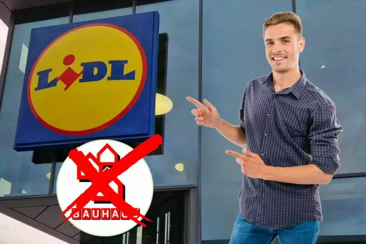 Un home somrient assenyala el logotip de Lidl mentre el logotip de Bauhaus apareix ratllat amb una creu vermella.