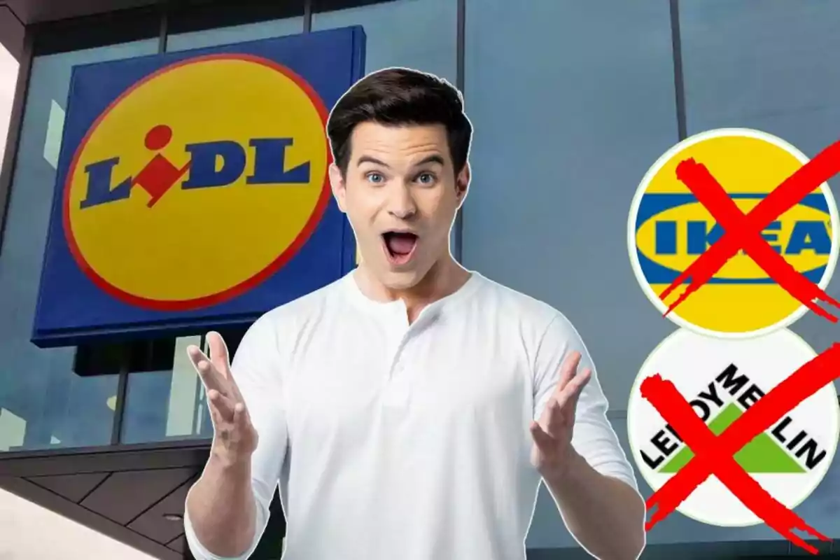 Hombre sorprendido frente a una tienda de Lidl con los logotipos de Ikea y Leroy Merlin tachados a la derecha