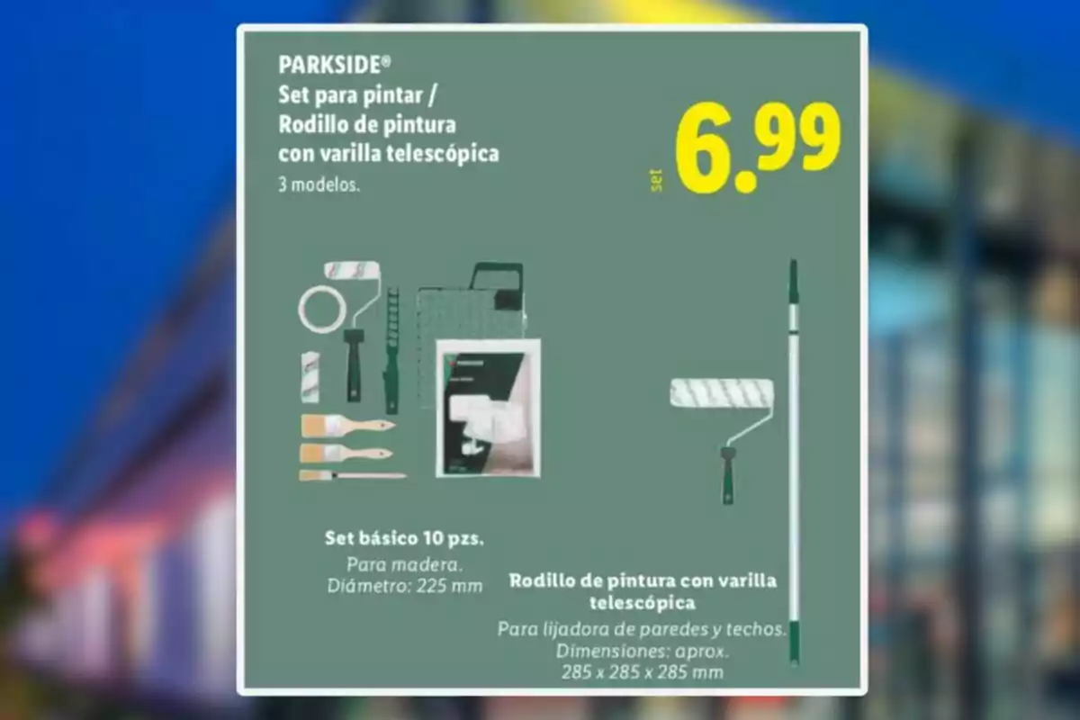 Advertisement for a Parkside painting set that includes a paint roller with telescopic handle, brushes, and accessories, priced at 6.99 euros. Advertisement for a Parkside painting set that includes a paint roller with telescopic handle, brushes, and accessories, priced at 6.99 euros.