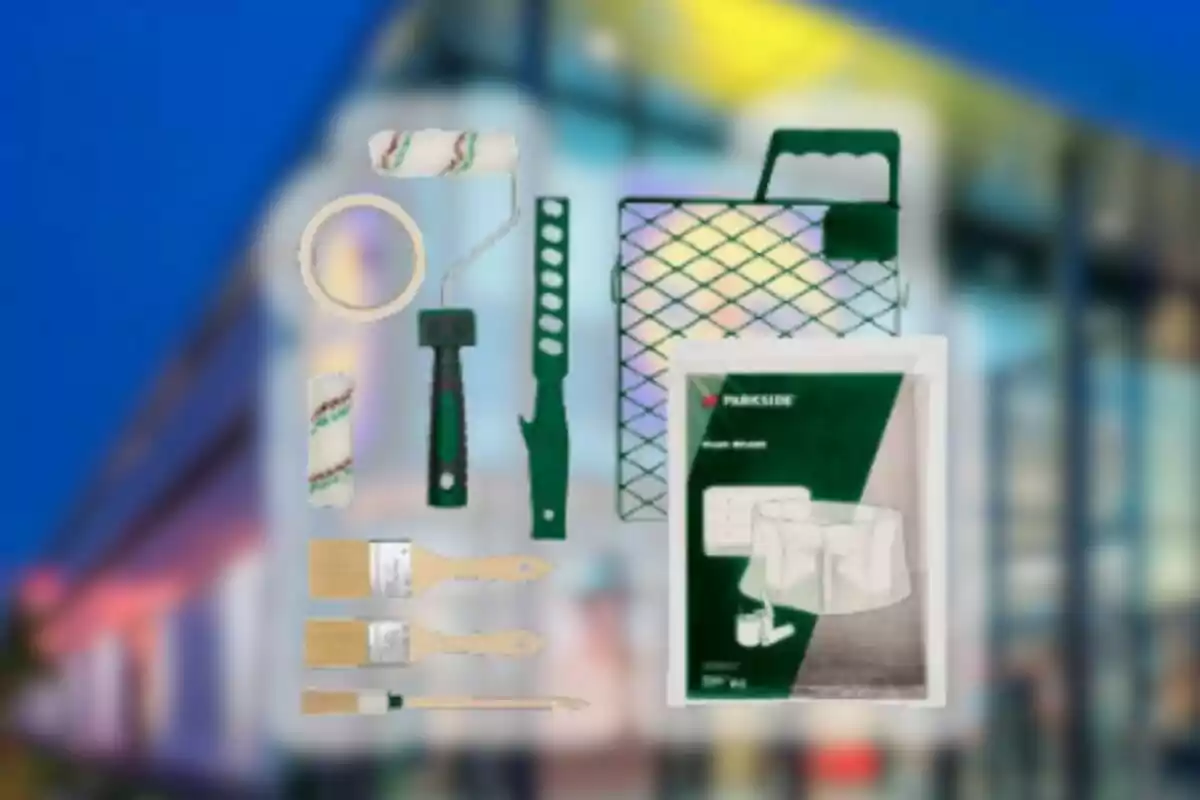 Painting tool kit including brushes, rollers, masking tape, grid, spatula, and a protective cover on a blurred background. Painting tool kit including brushes, rollers, masking tape, grid, spatula, and a protective cover on a blurred background.