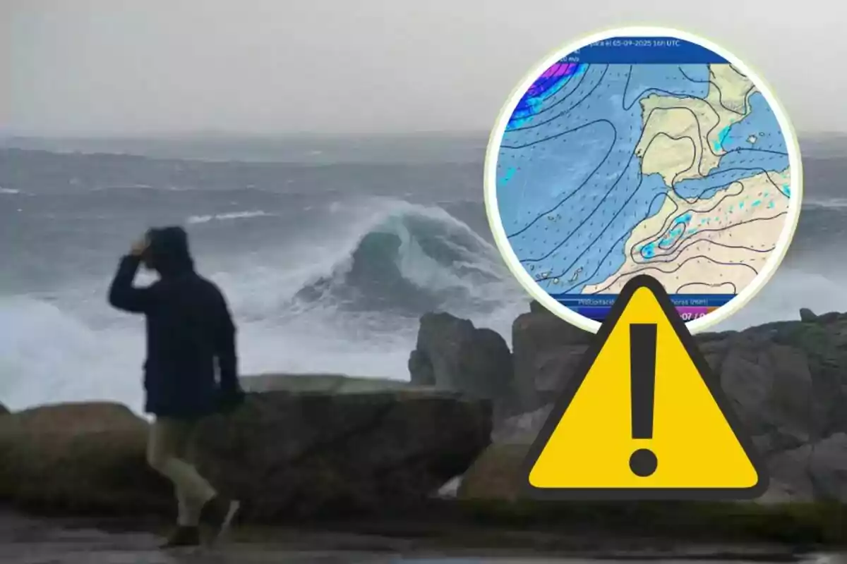Persona caminando junto al mar con olas grandes y un símbolo de advertencia acompañado de un mapa meteorológico en la esquina superior derecha Persona caminando junto al mar con olas grandes y un símbolo de advertencia acompañado de un mapa meteorológico en la esquina superior derecha