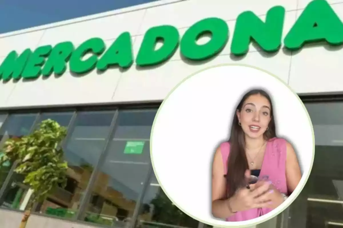 Façana d’un supermercat Mercadona amb el logotip en gran i una dona jove en un requadre explicant alguna cosa