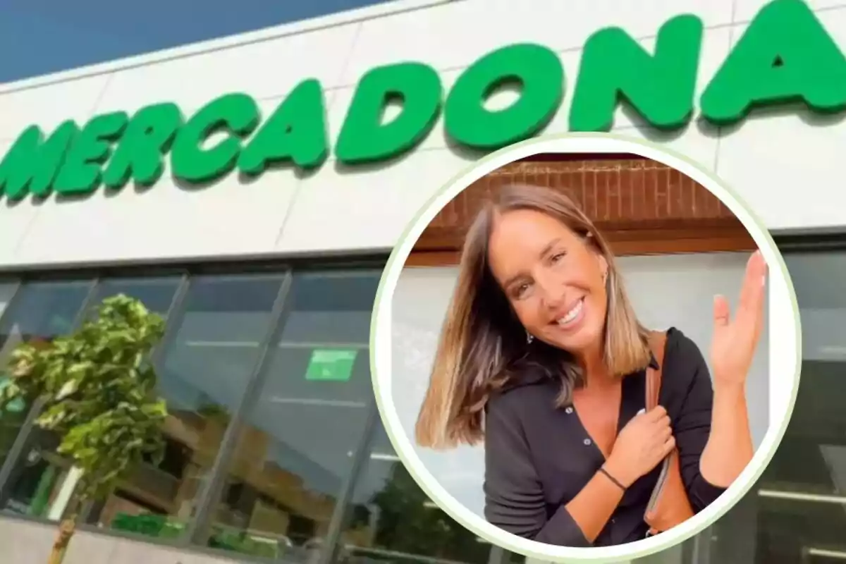 Fachada de un supermercado Mercadona con el logo verde y la imagen de una mujer sonriente en un recuadro circular en primer plano