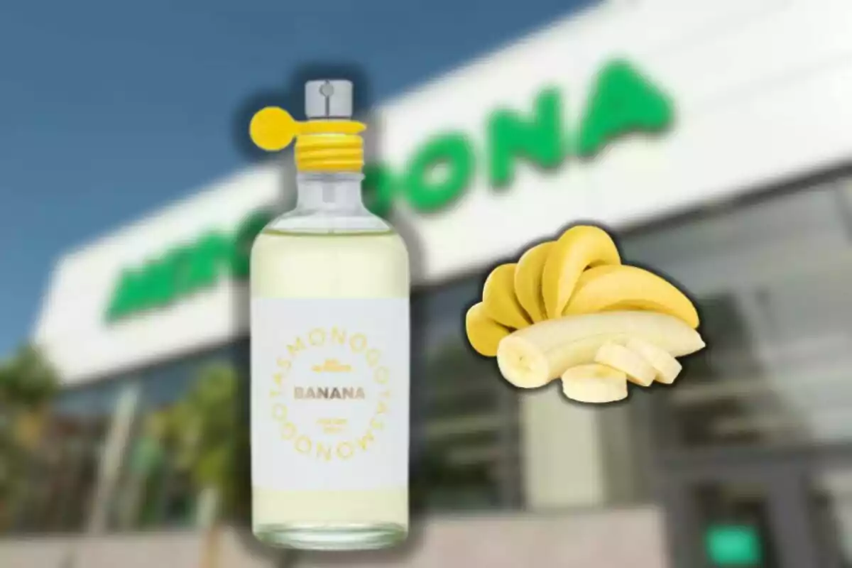 Flascó de perfum Monogotas Banana al costat de rodanxes de plàtan amb una botiga desenfocada de fons Flascó de perfum Monogotas Banana al costat de rodanxes de plàtan amb una botiga desenfocada de fons