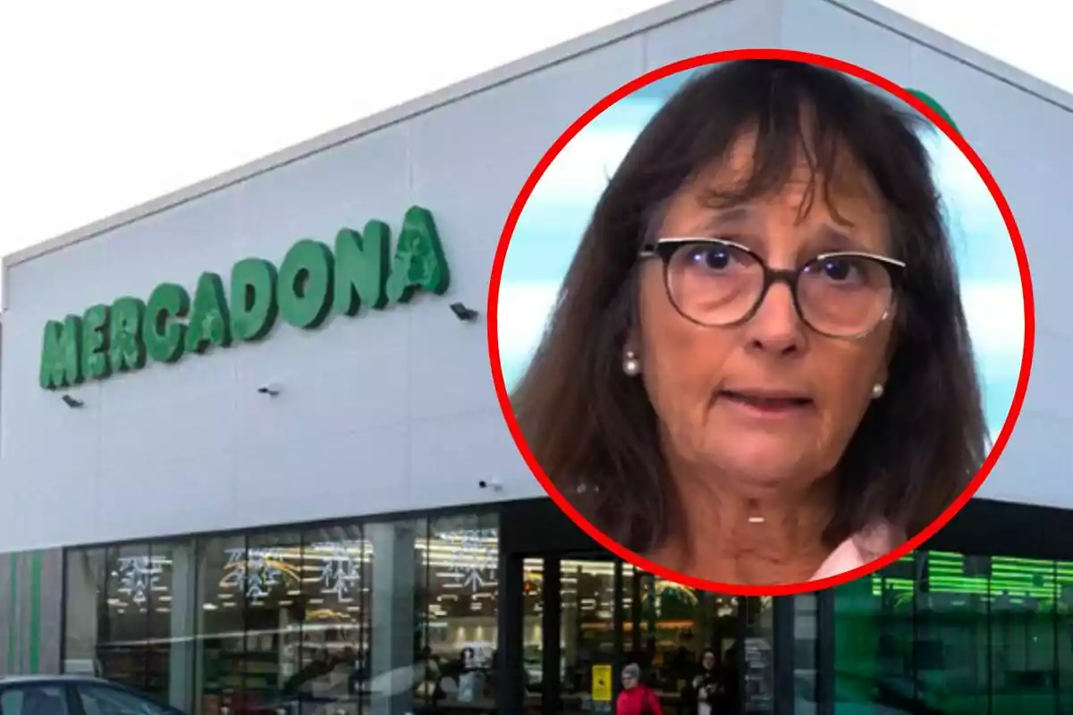 Façana d’un supermercat Mercadona amb el rostre d’una dona amb ulleres i cabells foscos emmarcat en un cercle vermell sobre la imatge.