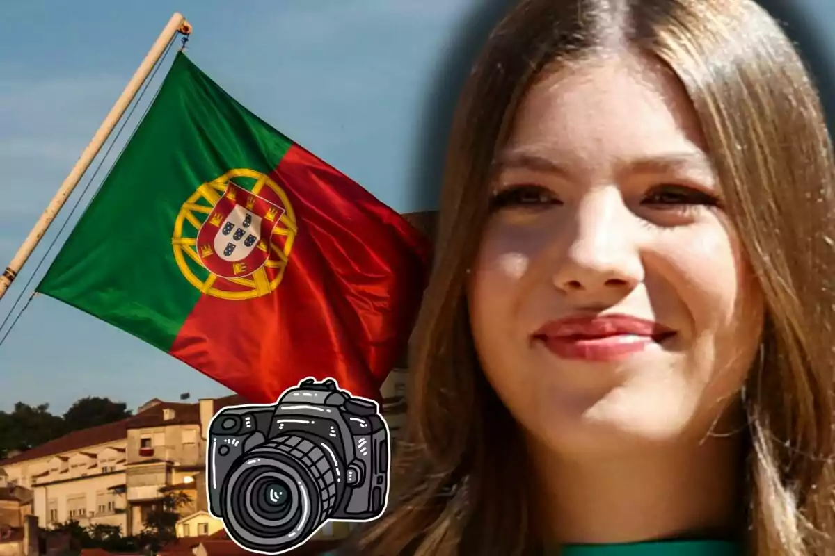 Bandera de Portugal onejant al costat de la infanta Sofia i una il·lustració de càmera fotogràfica en primer pla