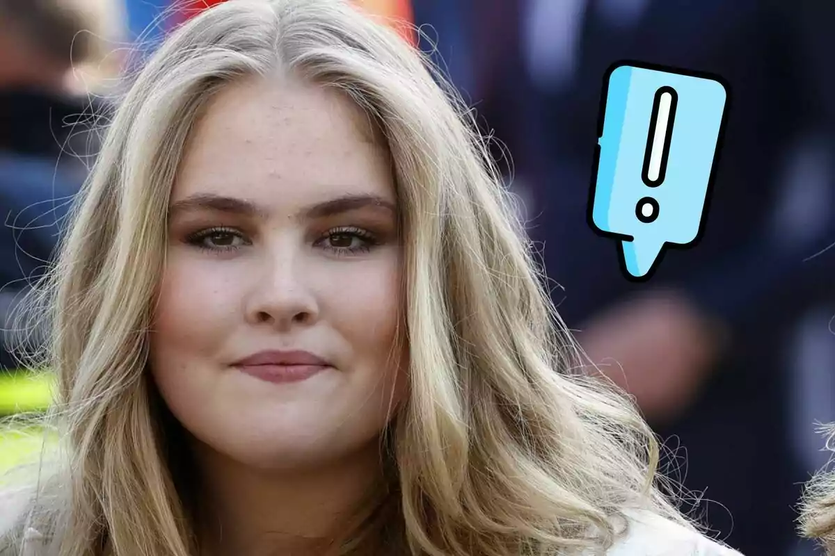 Amalia of the Netherlands with a neutral expression and a blue exclamation icon in the background