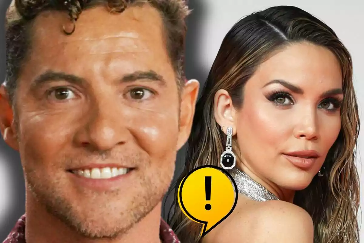 Primer plano de David Bisbal sonriente junto a Rosanna Zanetti con maquillaje elegante y un ícono de exclamación amarillo entre ellos