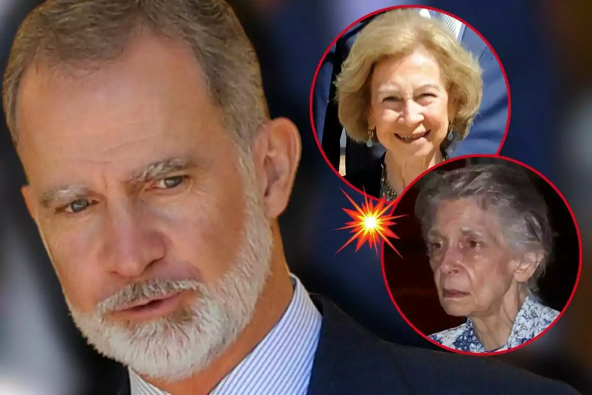 Felip VI en primer pla amb la reina Sofia i Irene de Grècia en cercles sobre un fons fosc
