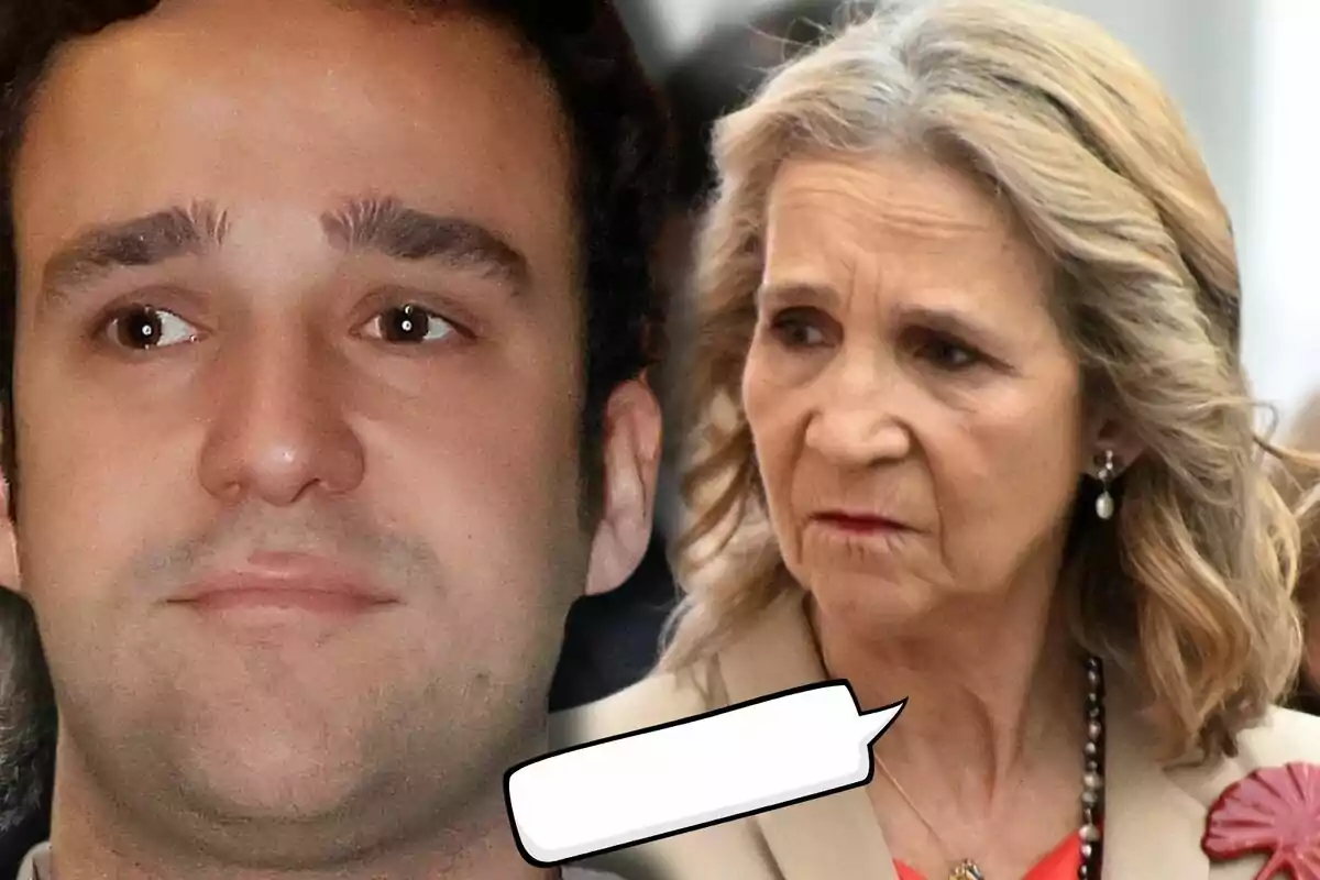 Primer plano de Froilán con expresión seria junto a la infanta Elena que parece estar hablando, con un bocadillo de diálogo vacío entre ellos