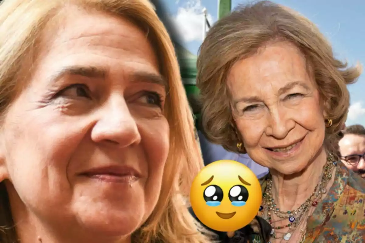 Infanta Cristina and Queen Sofía smiling in the foreground with a smiling face emoji with sparkling eyes and tears in front of one of them