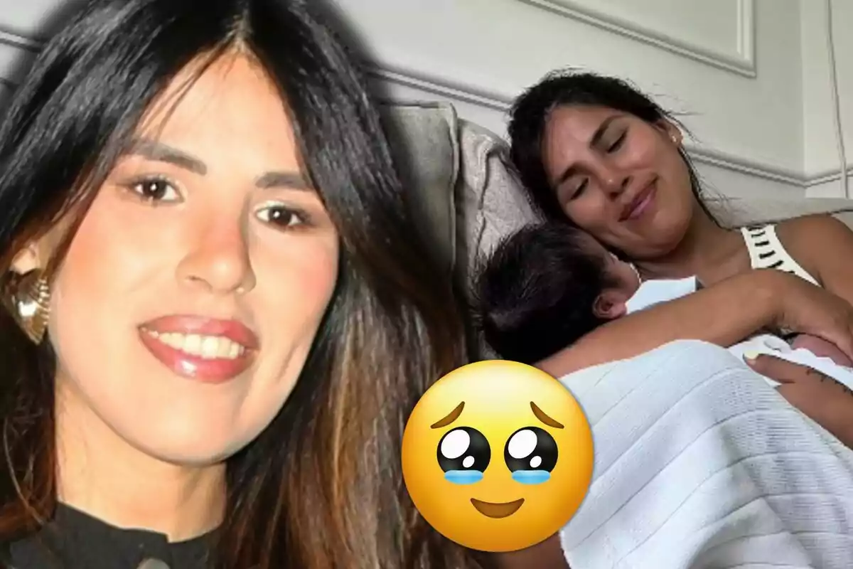 Isa Pantoja somrient en primer pla i al fons la mateixa dona abraçant un nadó mentre apareix un emoji de carona amb llàgrimes d’emoció