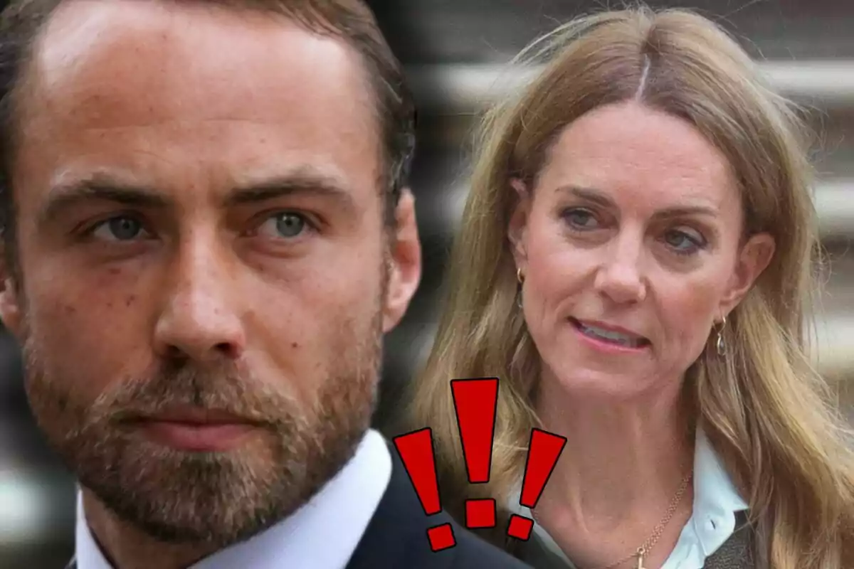 Close-up of James and Kate Middleton with serious expressions, accompanied by three red exclamation marks.