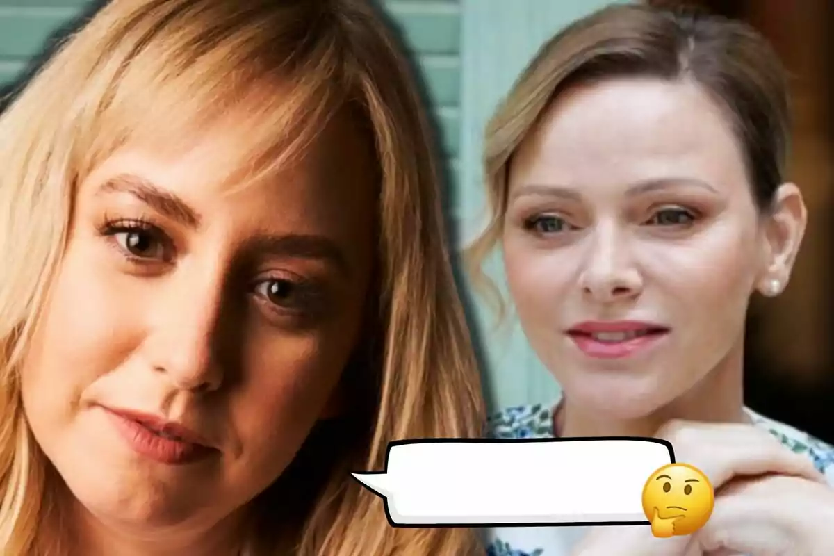 Jazmin Grace y Charlene aparecen en primer plano, una de ellas está al frente y la otra al fondo, con un recuadro de diálogo vacío y un emoji de cara pensativa en la parte inferior.