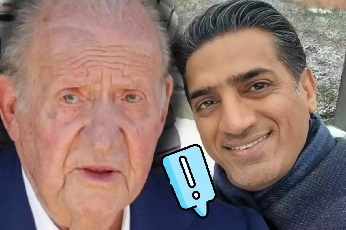 Juan Carlos I and Ali Albelooshi pose together for a selfie, and a blue warning icon appears in the foreground.