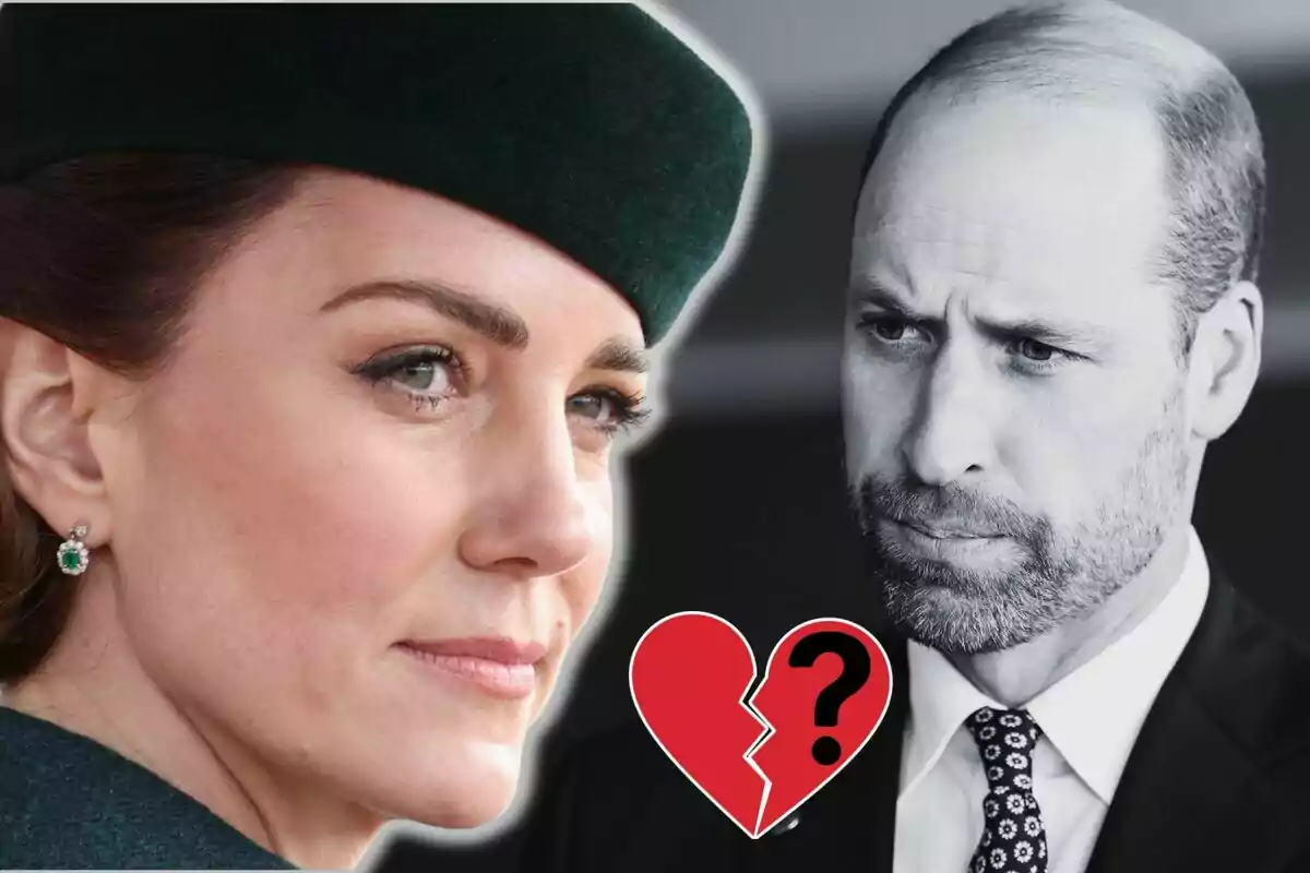 Kate Middleton amb expressió seriosa mira cap a l’esquerra mentre el príncep Guillem en blanc i negre apareix al fons amb gest preocupat i un cor trencat amb un signe d’interrogació és al centre.