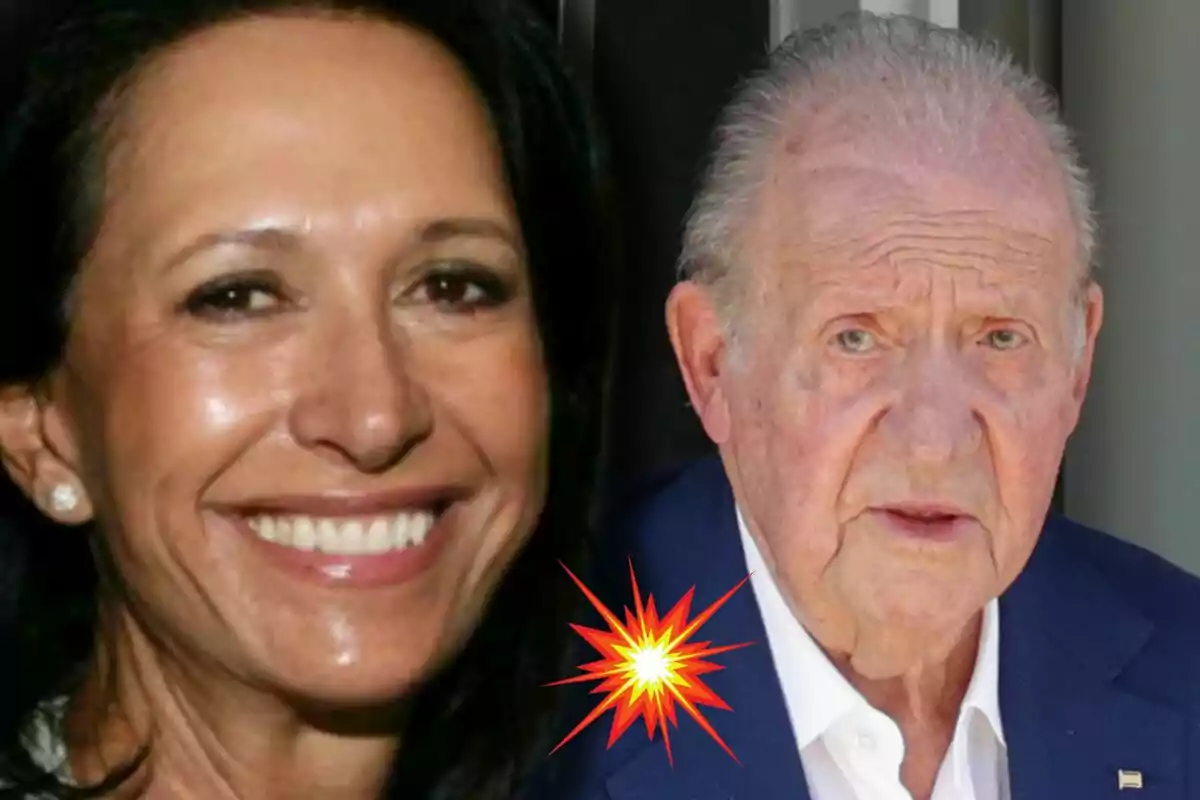 Marta Gayá smiling and Juan Carlos I with a serious expression appear together with an explosion graphic between them.