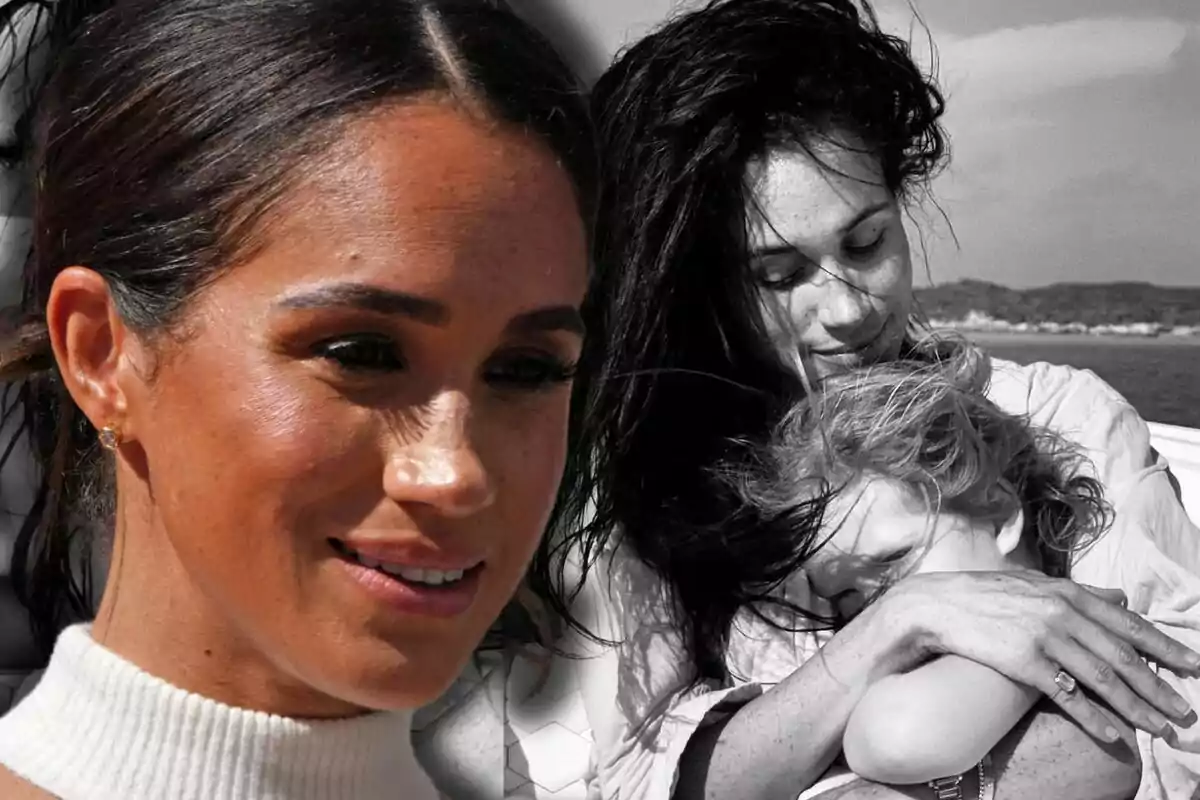 Meghan Markle in a light sweater in the foreground and, in the background, a black-and-white image of the same woman hugging Lilibet