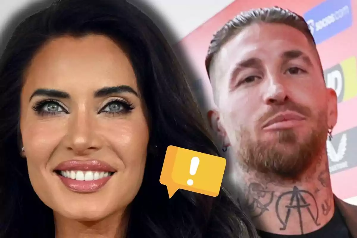 Pilar Rubio somriu en primer pla mentre Sergio Ramos apareix desenfocat al fons al costat d’una icona de missatge groga amb un signe d’exclamació.