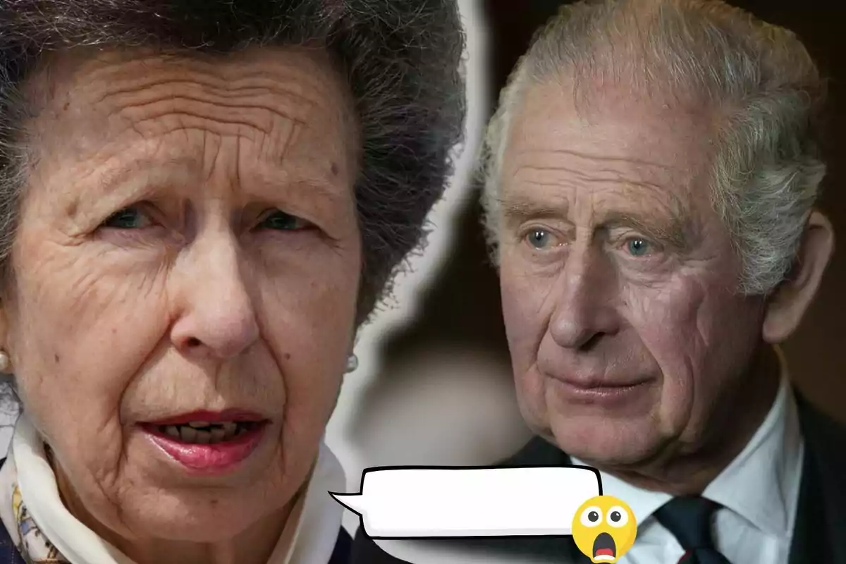 Princess Anne and Charles III with serious expressions and an empty speech bubble accompanied by a surprised emoji