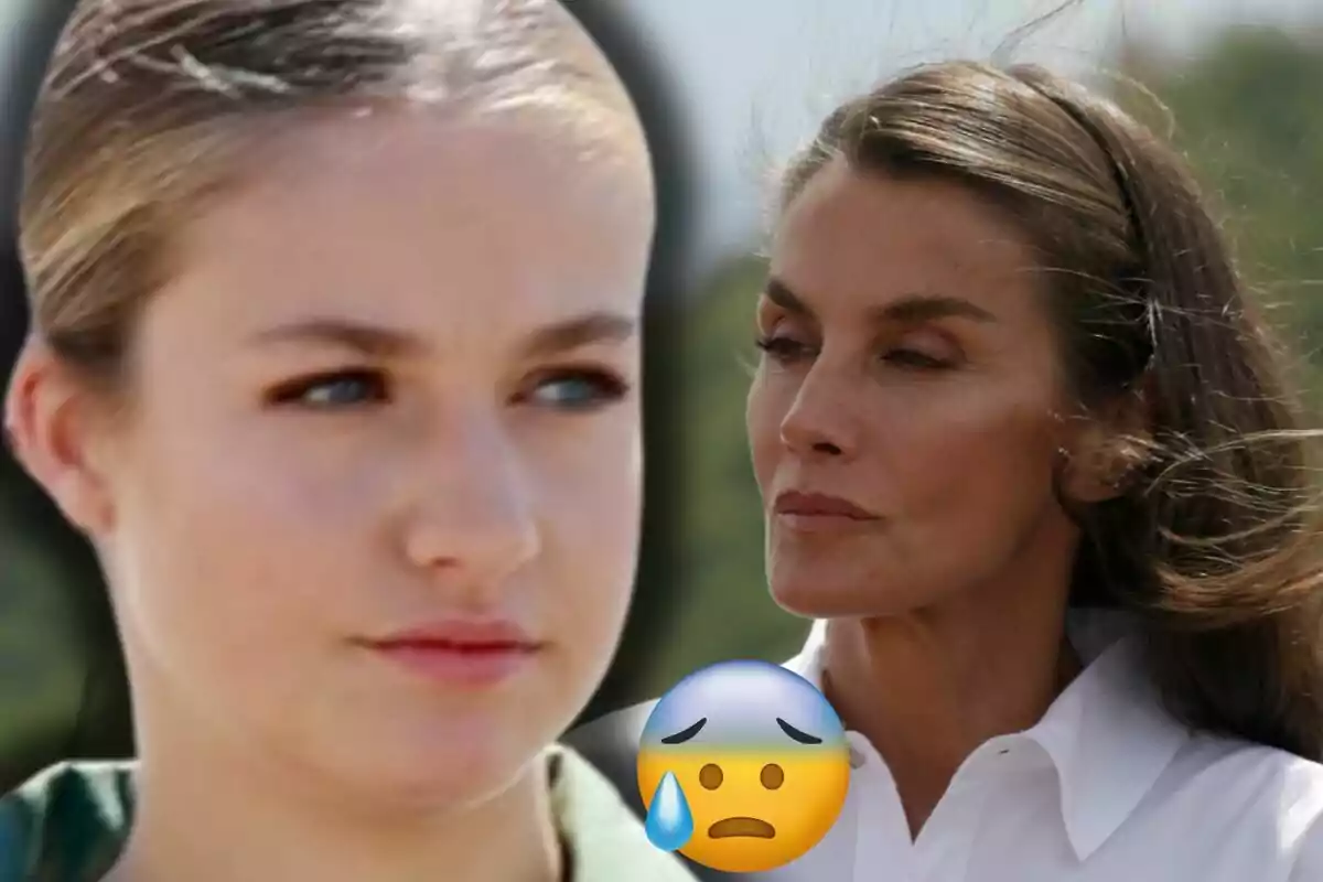 Princess Leonor and Queen Letizia with serious expressions and a sad face emoji with a tear in front