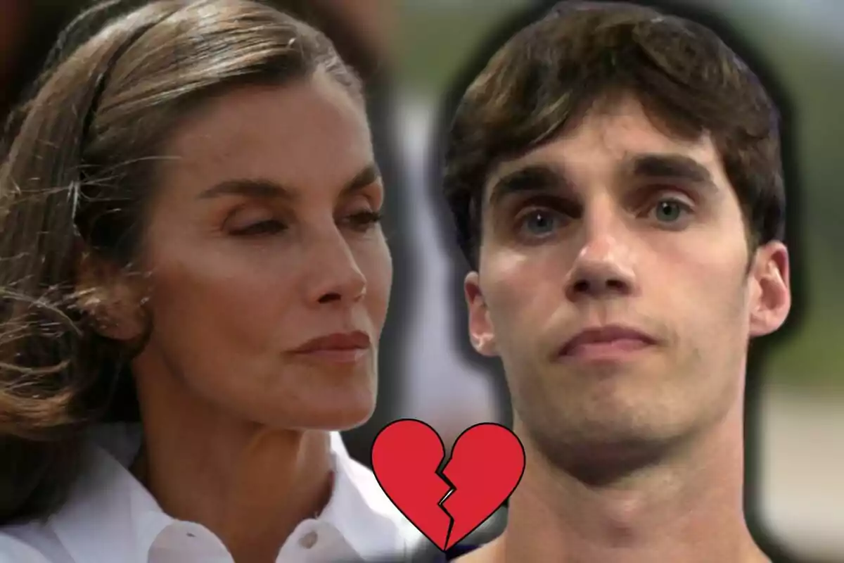 La reina Letizia y Pablo Urdangarin con expresiones serias y un corazón roto en el centro