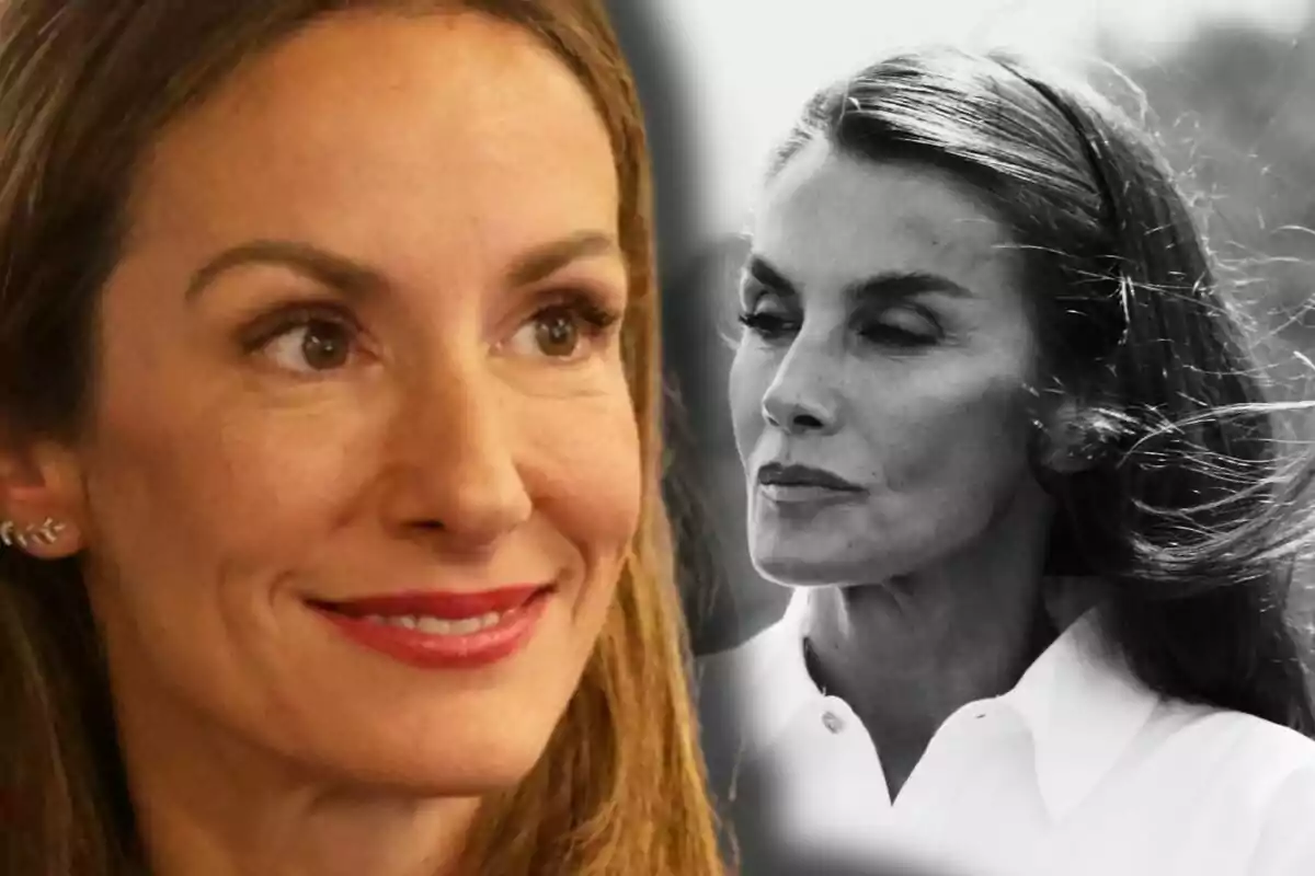 Dos retratos de Telma Ortiz y la reina Letizia, uno en color mostrando una expresión sonriente y otro en blanco y negro con una expresión seria