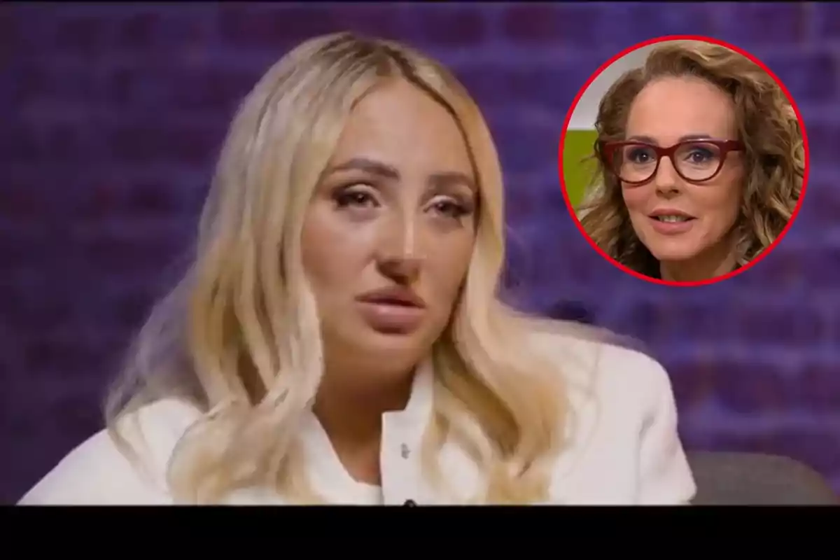 Montaje con Rocío Flores, rubia con expresión seria en primer plano, y Rocío Carrasco, con gafas en un círculo rojo en la esquina superior derecha
