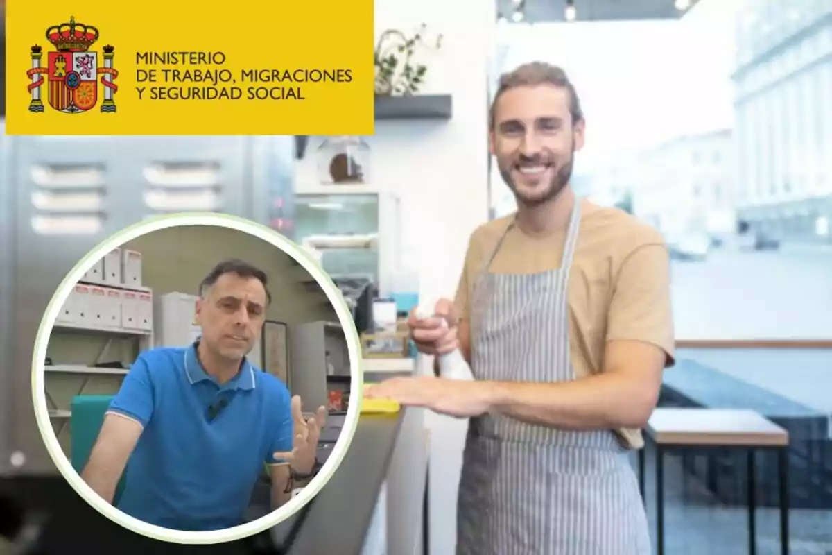 Un home jove amb davantal somriu en un local mentre neteja una superfície i a la cantonada apareix un requadre amb un altre home de mitjana edat parlant, al costat del logotip del Ministeri de Treball, Migracions i Seguretat Social d’Espanya a la part superior esquerra.