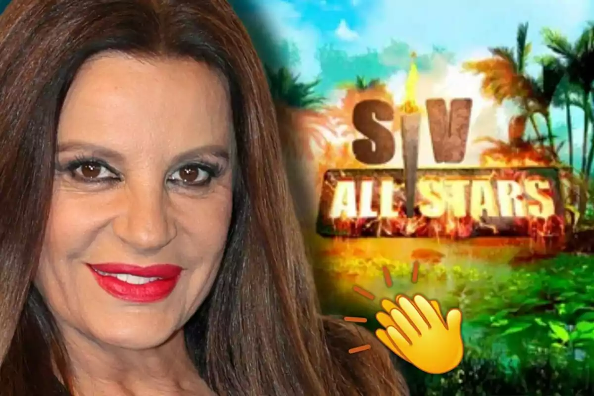 Sonia Monroy amb llavis vermells somriu davant d’un fons colorit amb el logotip d’un programa anomenat SV All Stars i un emoji d’aplaudiments.